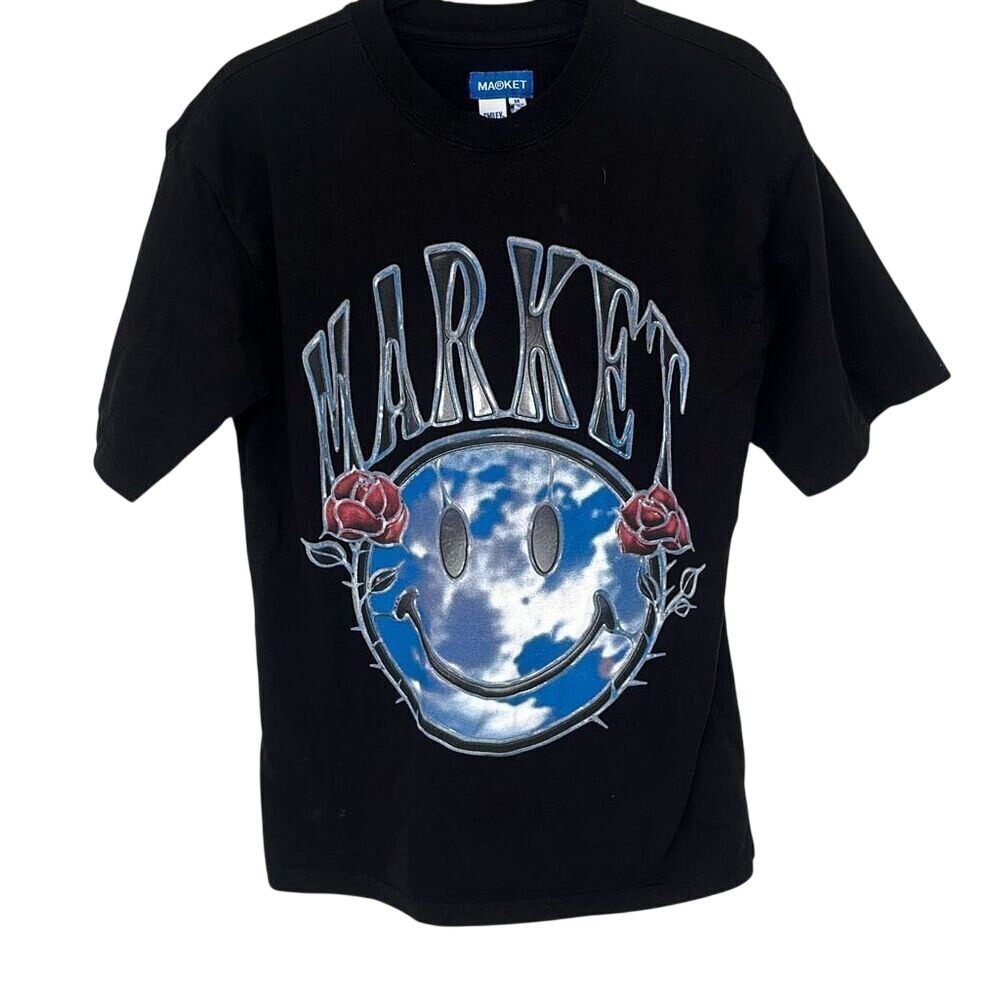 Market Mens Black Smiley Face Reflect Graphic T-Shirt Size Medium